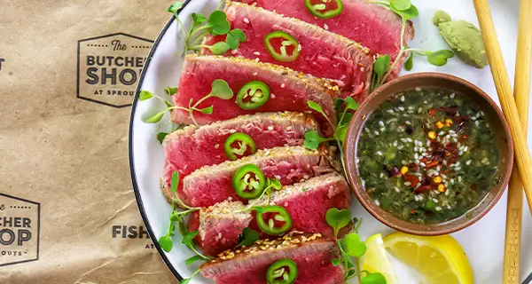 Seared ahi tuna with jalapeños and dipping sauce