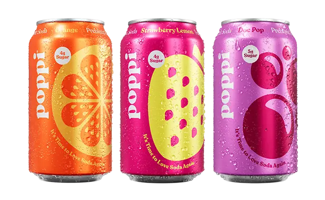 Poppi orange, strawberry lemon and doc pop cans