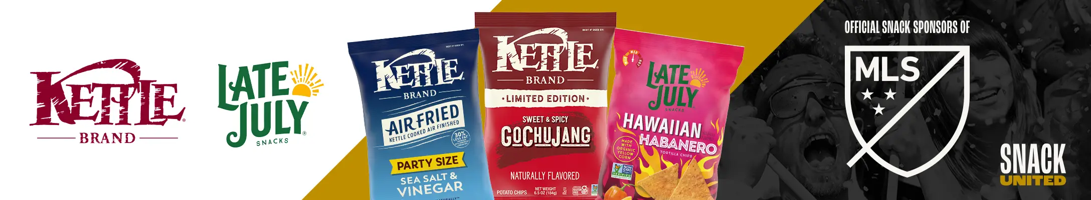 Kettle Brand and Late July Snacks logo next to product variety. Official snack sponsor of MLS and snack united logos.