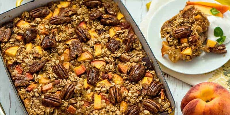 baked peach oatmeal in a pan