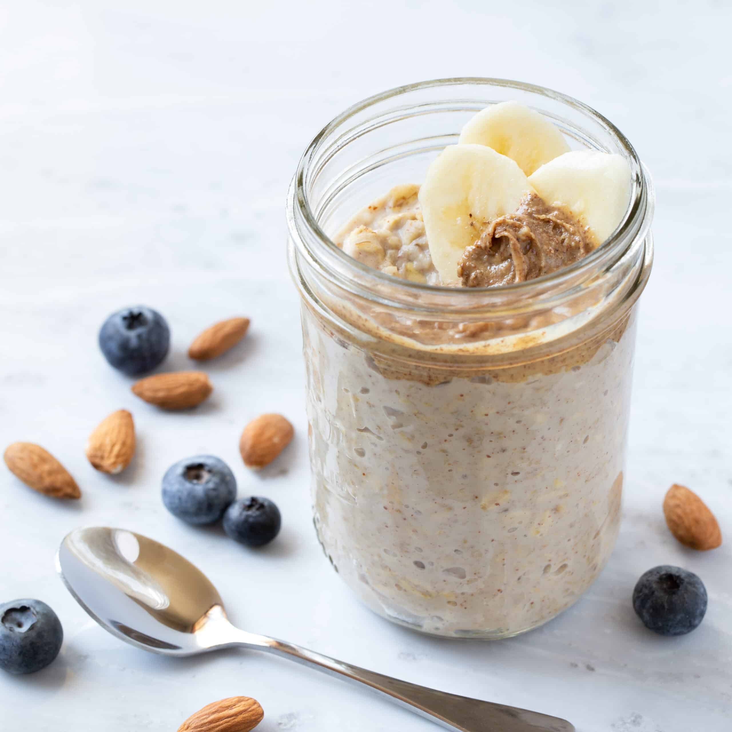 Homemade overnight oats in a jar with fruit