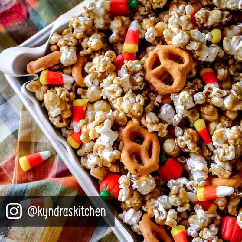popcorn mixed with pretzels and candy corn