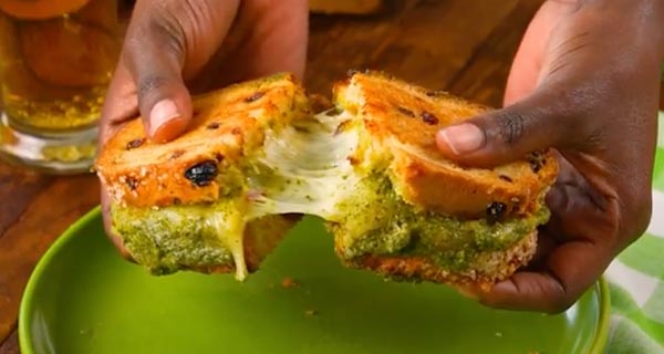 Irish soda bread grilled cheese and pesto on a plate