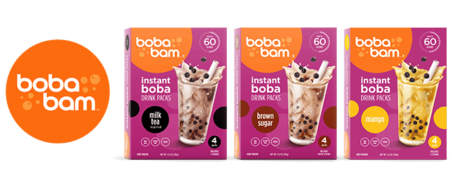 BobaBam logo next to products