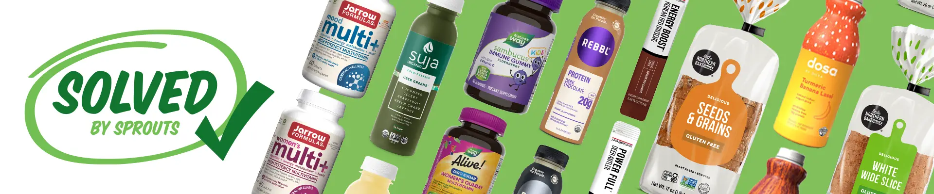 solved by sprouts logo next to back-to-school wellness items