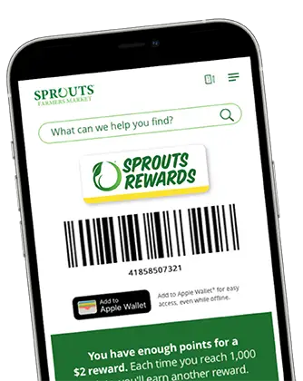 Phone with Sprouts Rewards app on the screen.