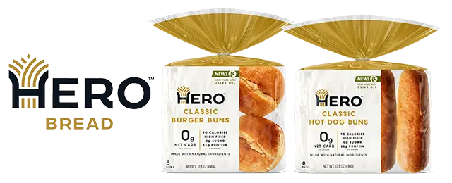 Hero Bread logo next to product packaging
